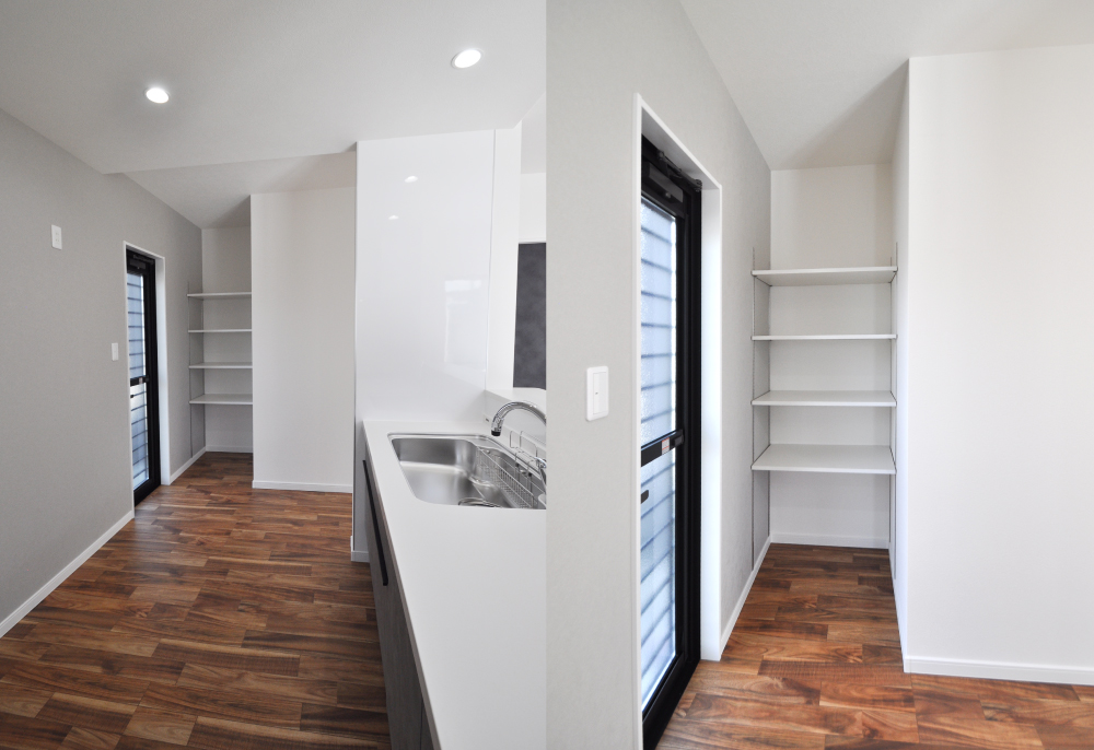 オープンパントリーのある快適キッチン