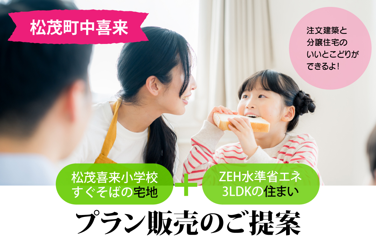 【松茂町中喜来】土地建物セットプラン。注文建築と分譲住宅のいいとこどりができるよ！松茂喜来小学校すぐそばの宅地。ZEH水準省エネ3LDKの住まい。土地建物プラン販売のご提案。